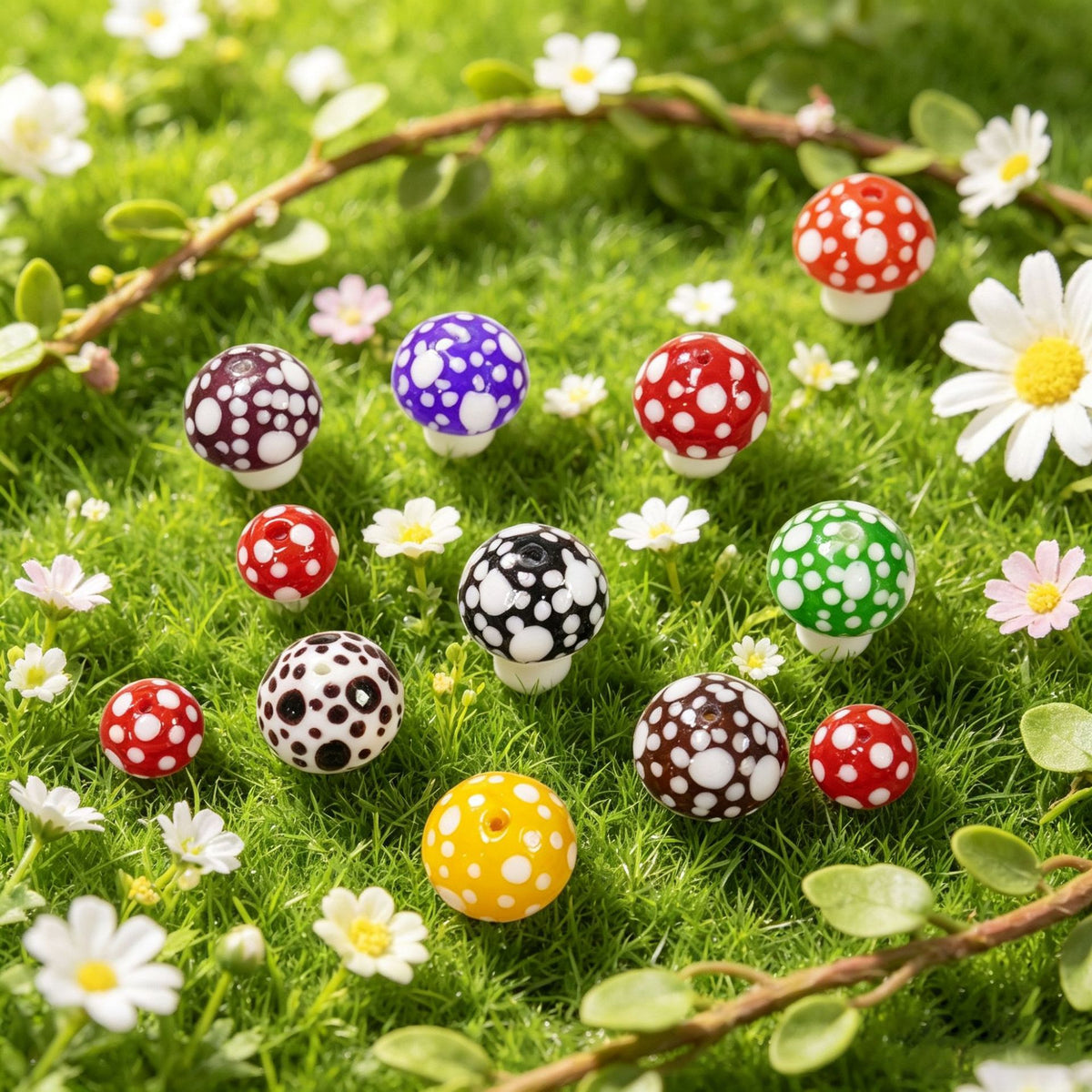 Colorful mushroom-shaped beads with white polka dots on a grassy surface with white flowers