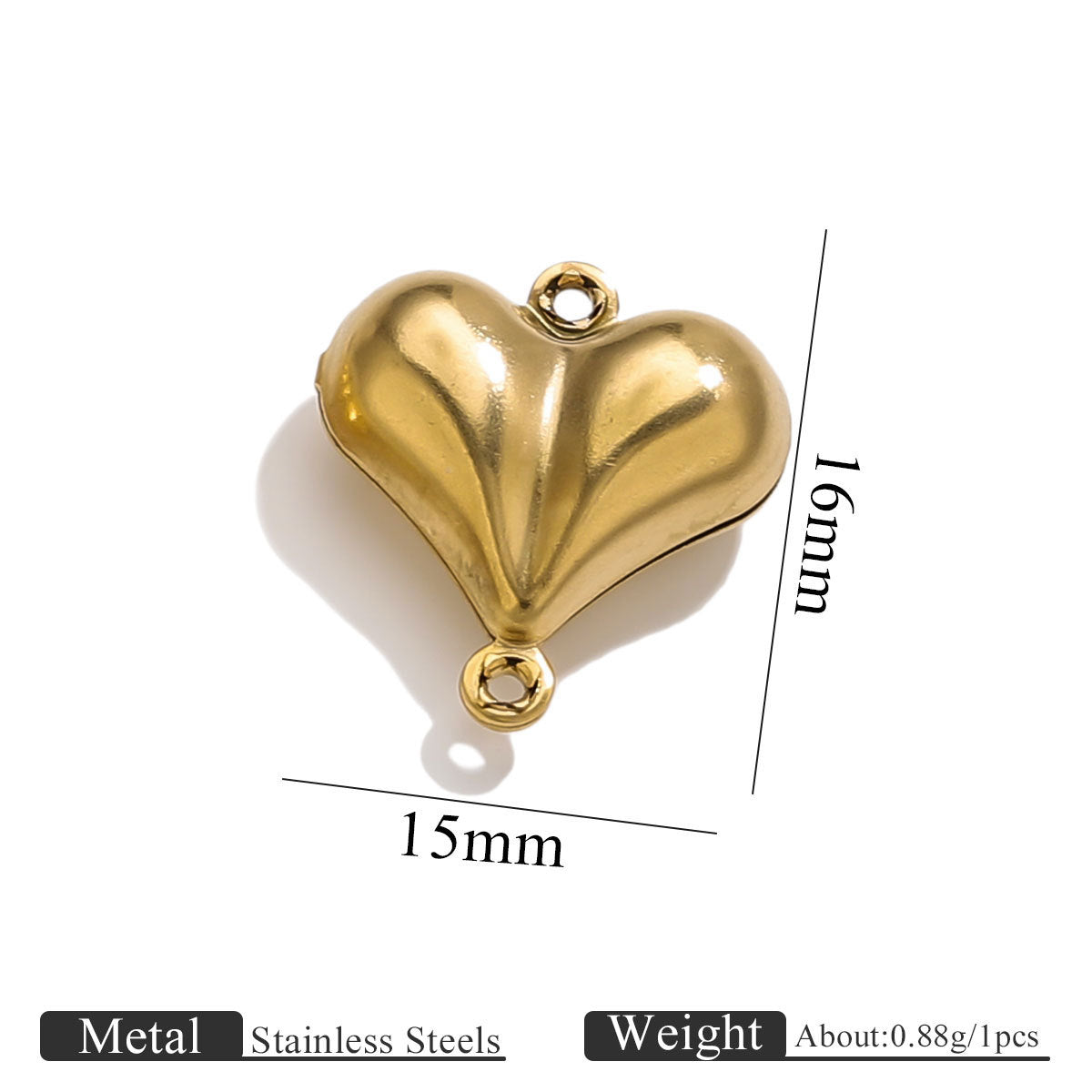 Gold-plated stainless steel double-hole hollow peach heart connector charm with size dimensions on white background