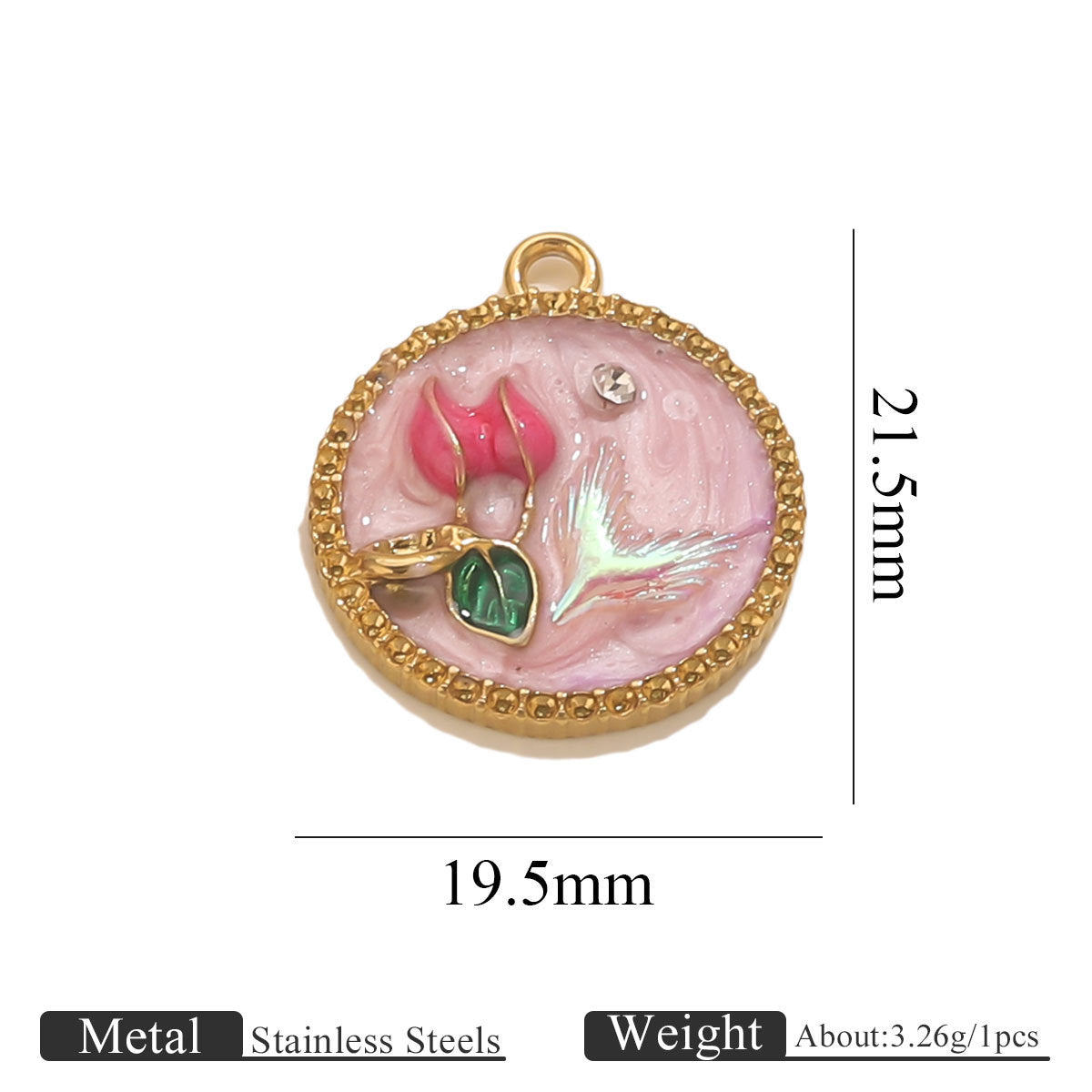 Stainless Steel Enamel Floral Faux Pearl Pendant Charm