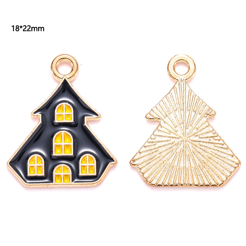 Two house-shaped charms with black enamel and yellow windows, front and back, 18 by 22mm
