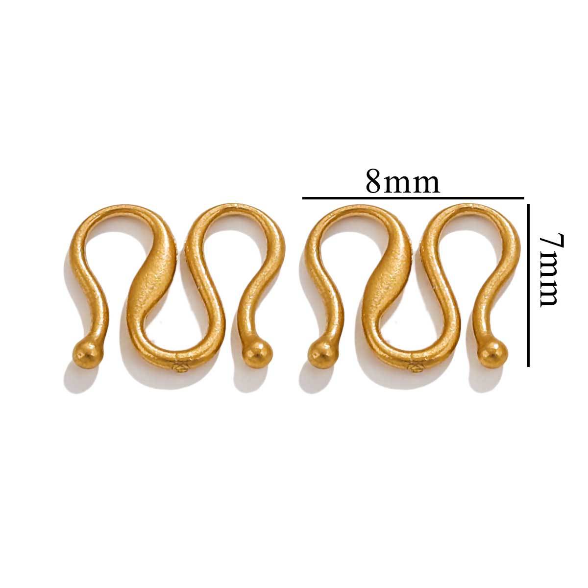Four gold S-shaped hook clasps in two pairs with 8mm by 7mm measurements, white background.