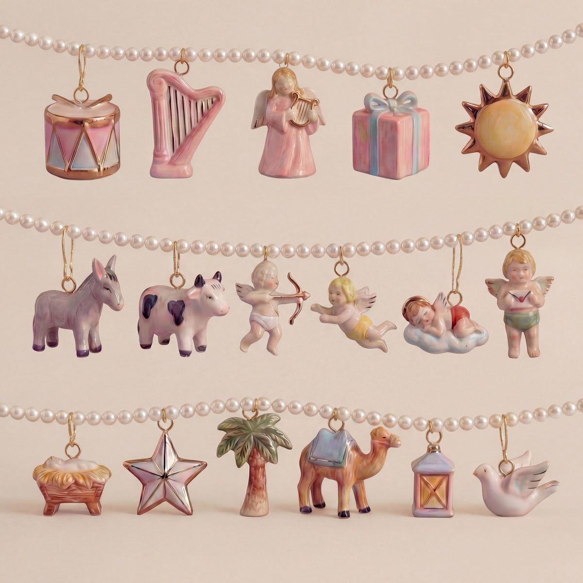Collection of small figurines and charms on a string against a beige background