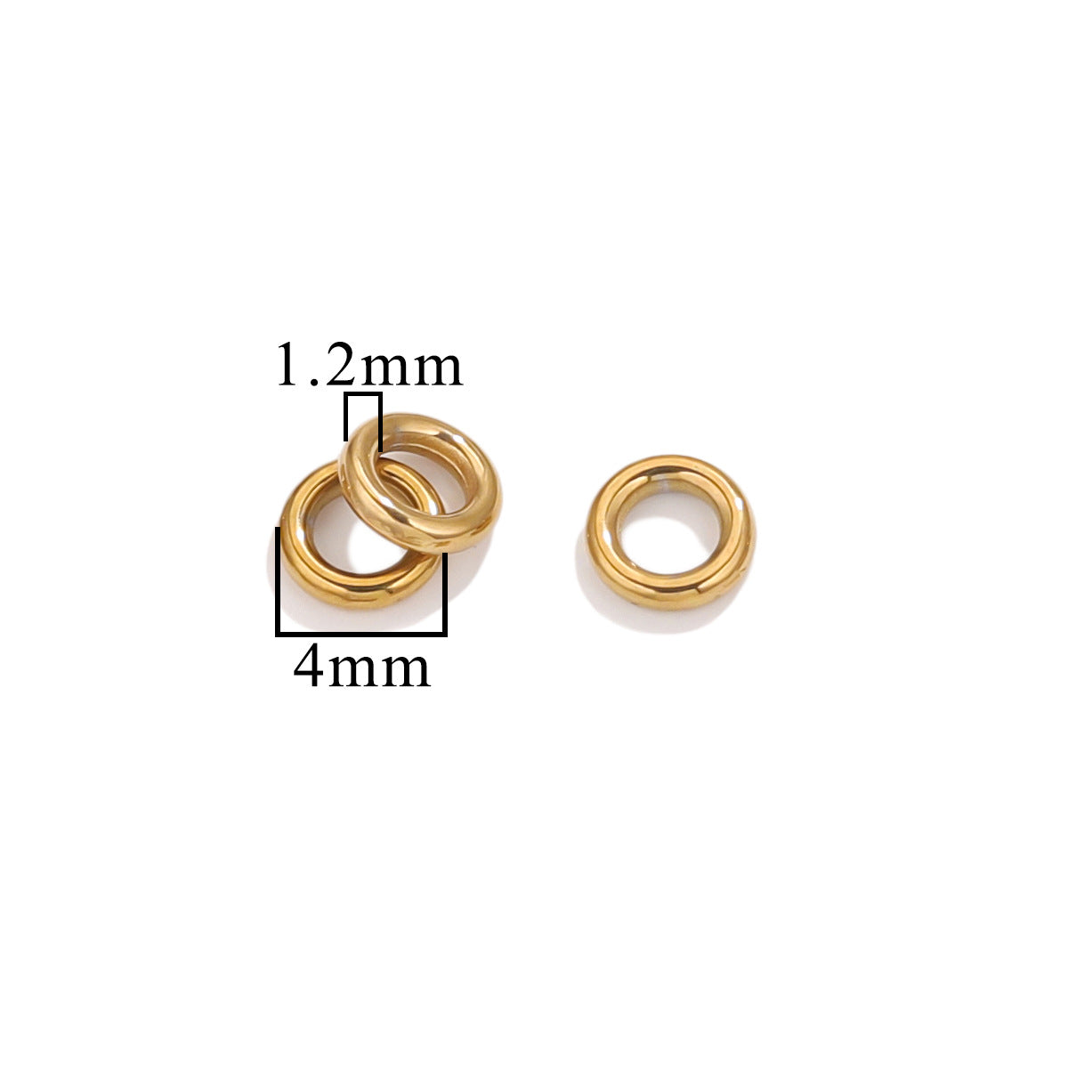 Three gold-tone closed jump rings, 4mm size with 1.2mm wire thickness, on white background