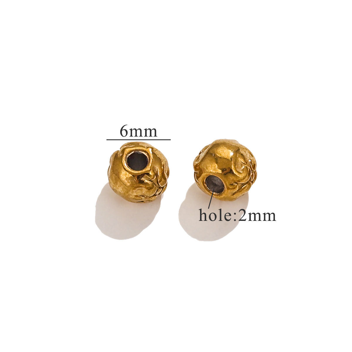 Two gold-plated baroque irregular spacer beads with size measurements on white background