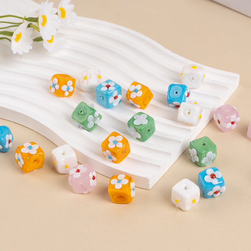 Colorful Square Flower Lampwork Beads