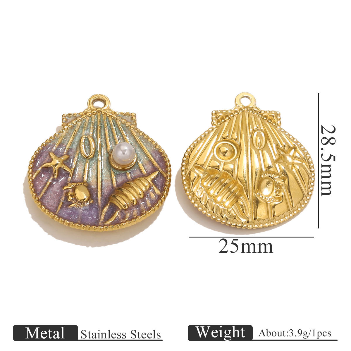 Vacuum-Plated Stainless Steel Gradient Enamel Seashell Pendant