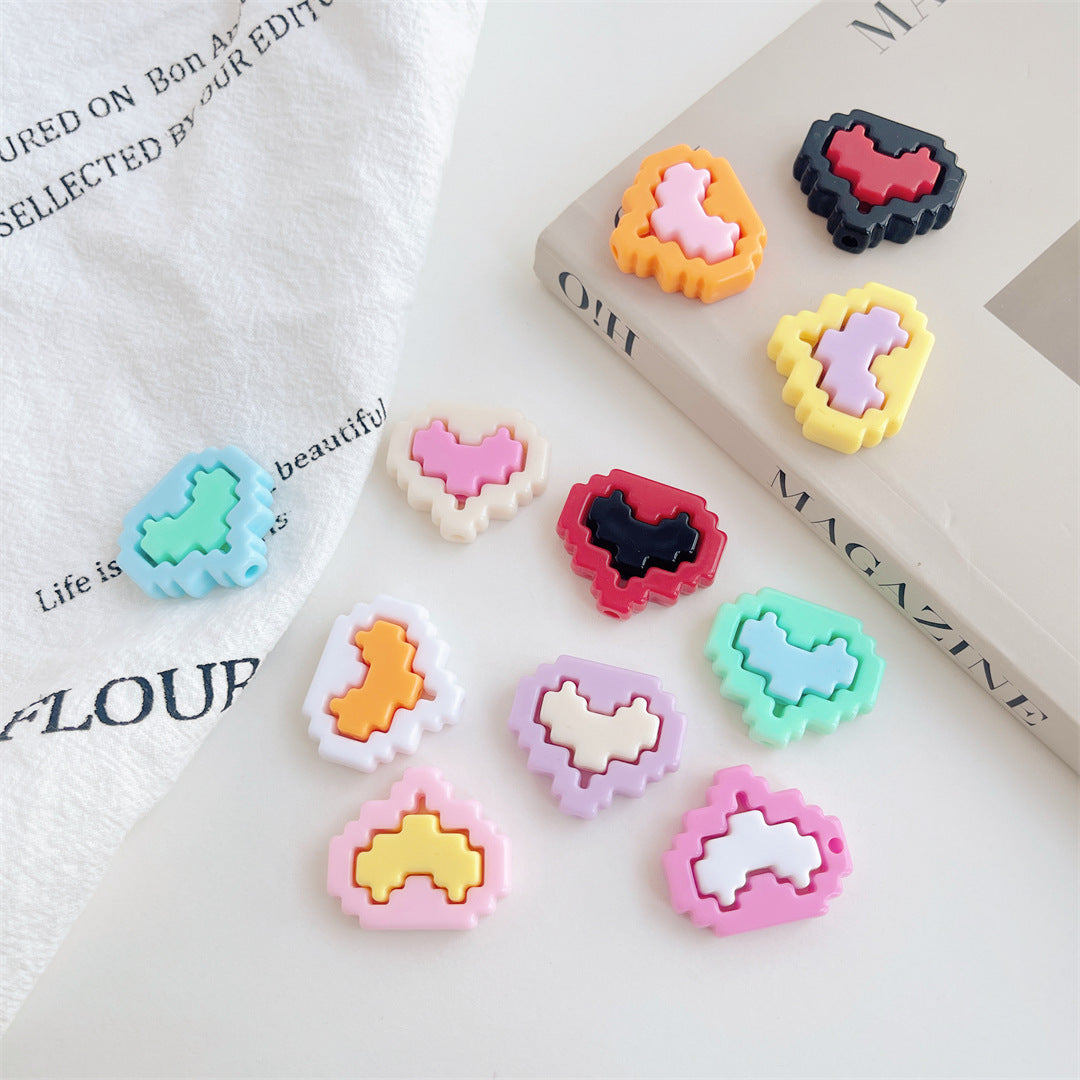 Colorful Pixel Heart Acrylic Beads – Painted Heart Frame Beads for DIY Phone Charms, Bracelets, Keychains & Jewelry Making