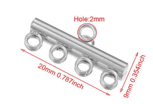 Silver connector bar with four rings, technical diagram showing 20mm length, 9mm width, 2mm hole