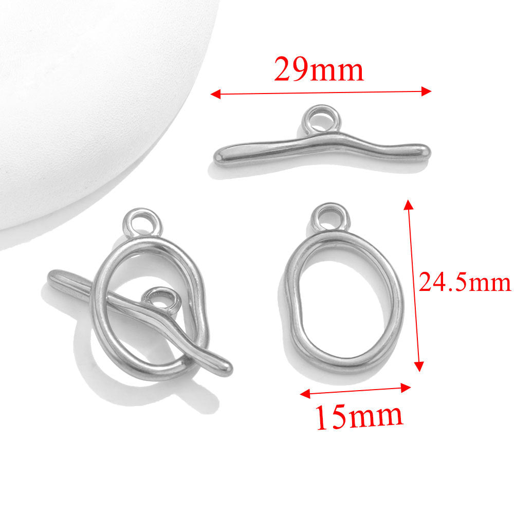Steel oval toggle clasps with red dimension arrows showing 29mm, 24.5mm, and 15mm on white background