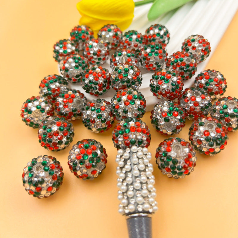 Round Christmas rhinestone beads in red, green and white with pearl bead on pen