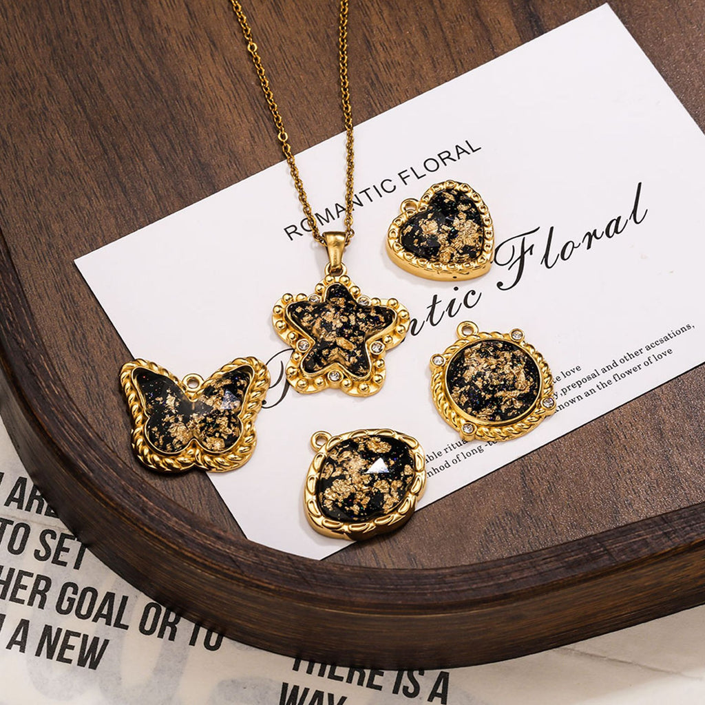Vintage Black and Gold Foil Stainless Steel Pendant Charms – Butterfly, Star & Heart