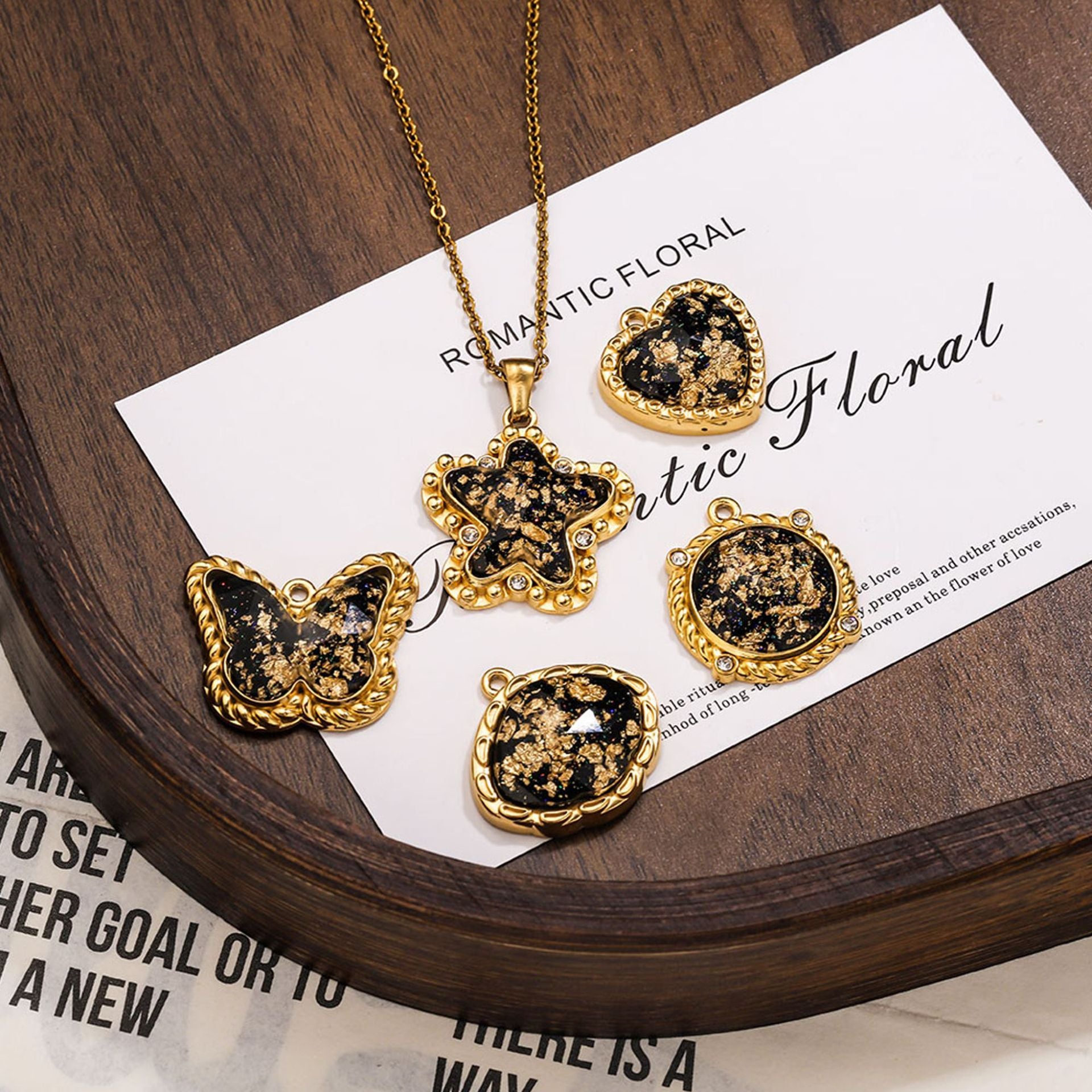 Vintage Black and Gold Foil Stainless Steel Pendant Charms – Butterfly, Star & Heart