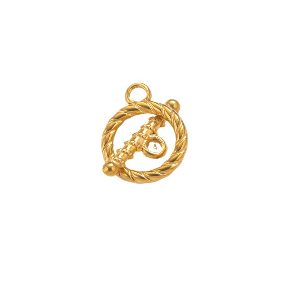 Gold-tone circular toggle clasp with rope-textured ring and T-bar, on white background