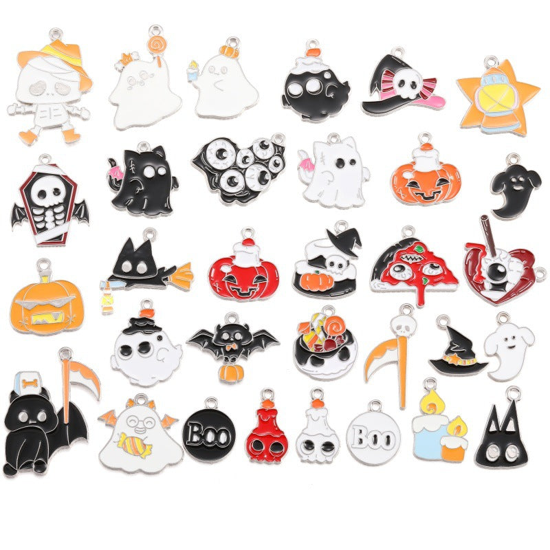 A collection of 36 Halloween-themed enamel charms arranged in a grid on a white background. The charms include various ghosts, pumpkins, bats, witches, skeletons, and spooky faces in multiple colors like orange, red, black, white, and yellow.