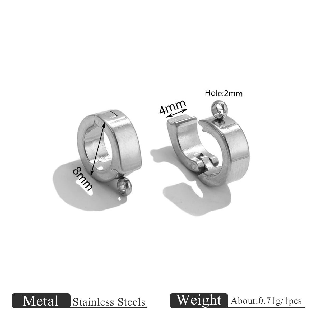 Two silver open-ring connector clasps with size measurements