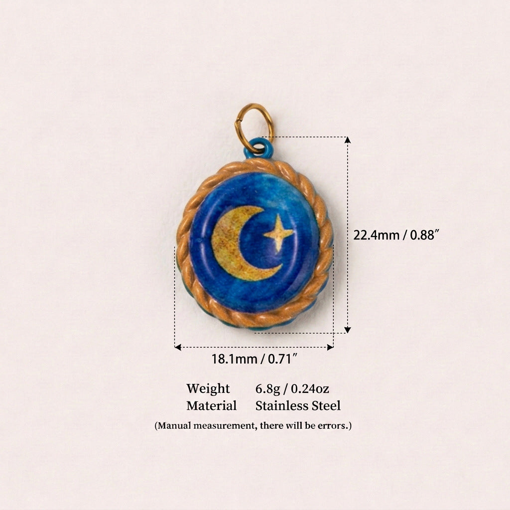 Oval blue enamel pendant charm with gold crescent moon and star, braided gold border, shown with size measurements.