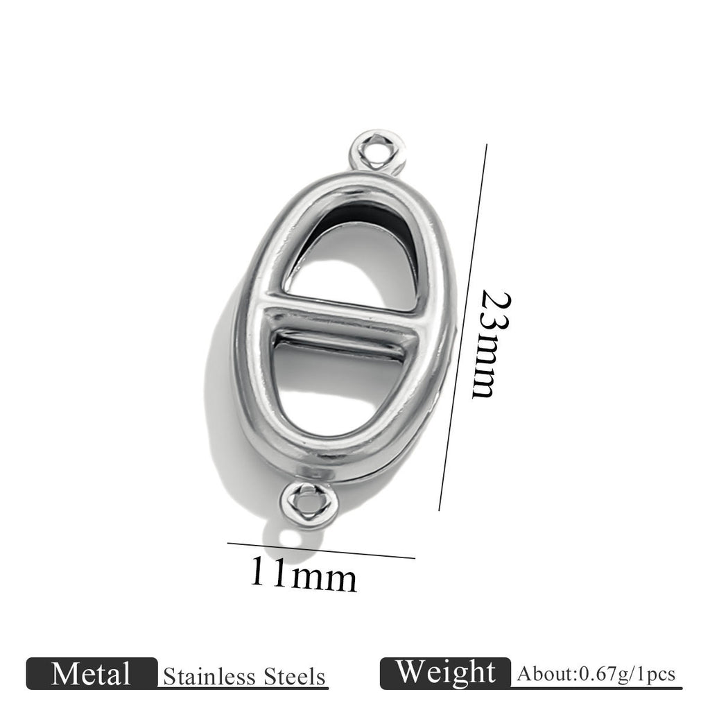Stainless steel double-hole hollow large Japanese buckle connector charm with size dimensions on white background