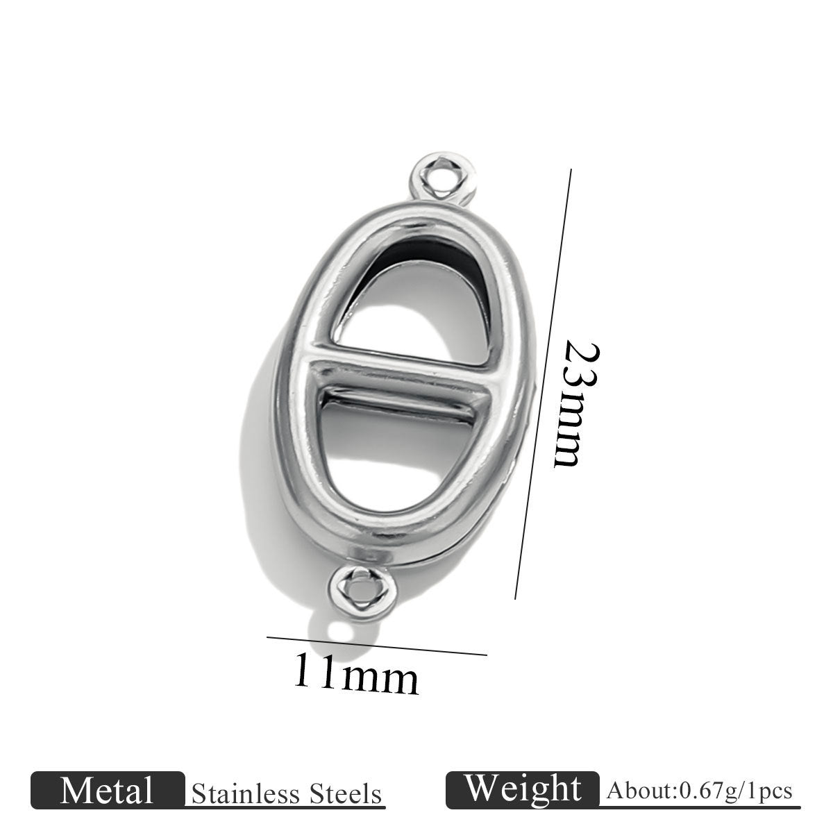 Stainless steel double-hole hollow large Japanese buckle connector charm with size dimensions on white background
