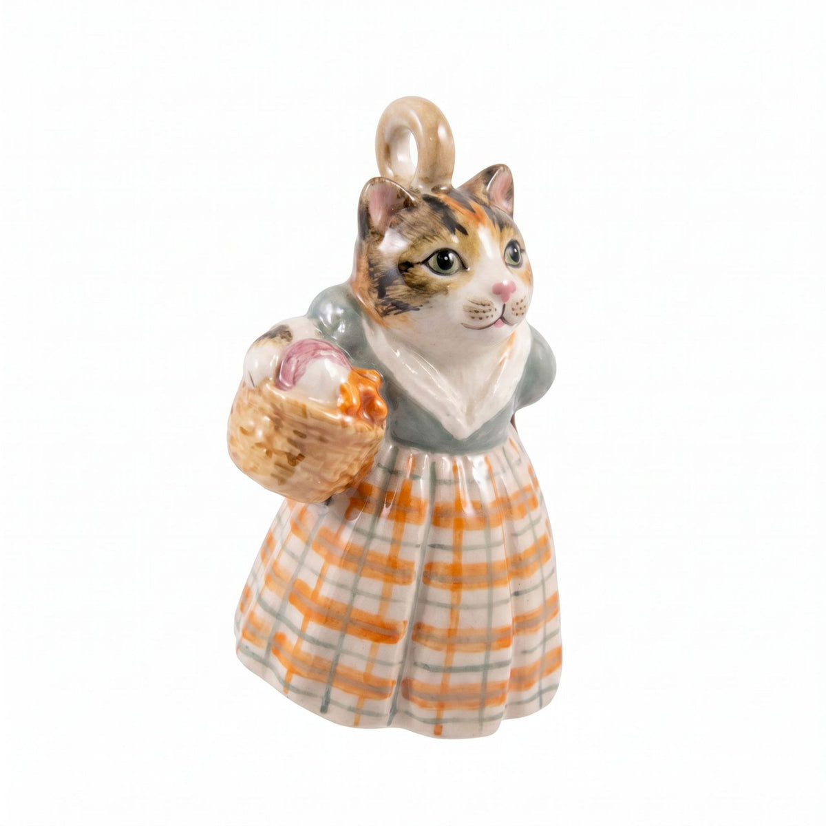 3D calico cat pendant charm in gray top and plaid skirt, holding basket.