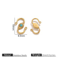 Gold stainless steel S-hook jewelry clasps with turquoise center stone and 14mm by 8.3mm dimension markings