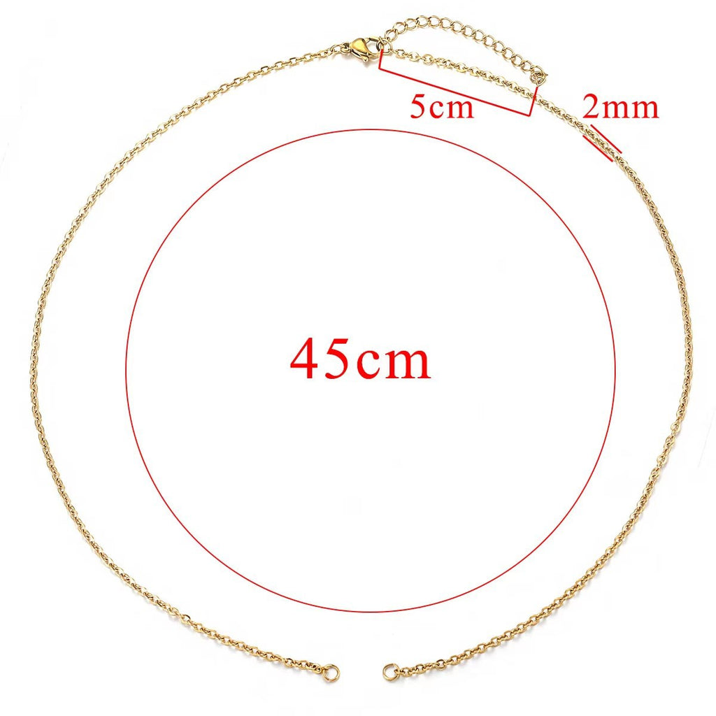 Gold chain connector link with size chart showing 45cm length, 5cm extender and 2mm width