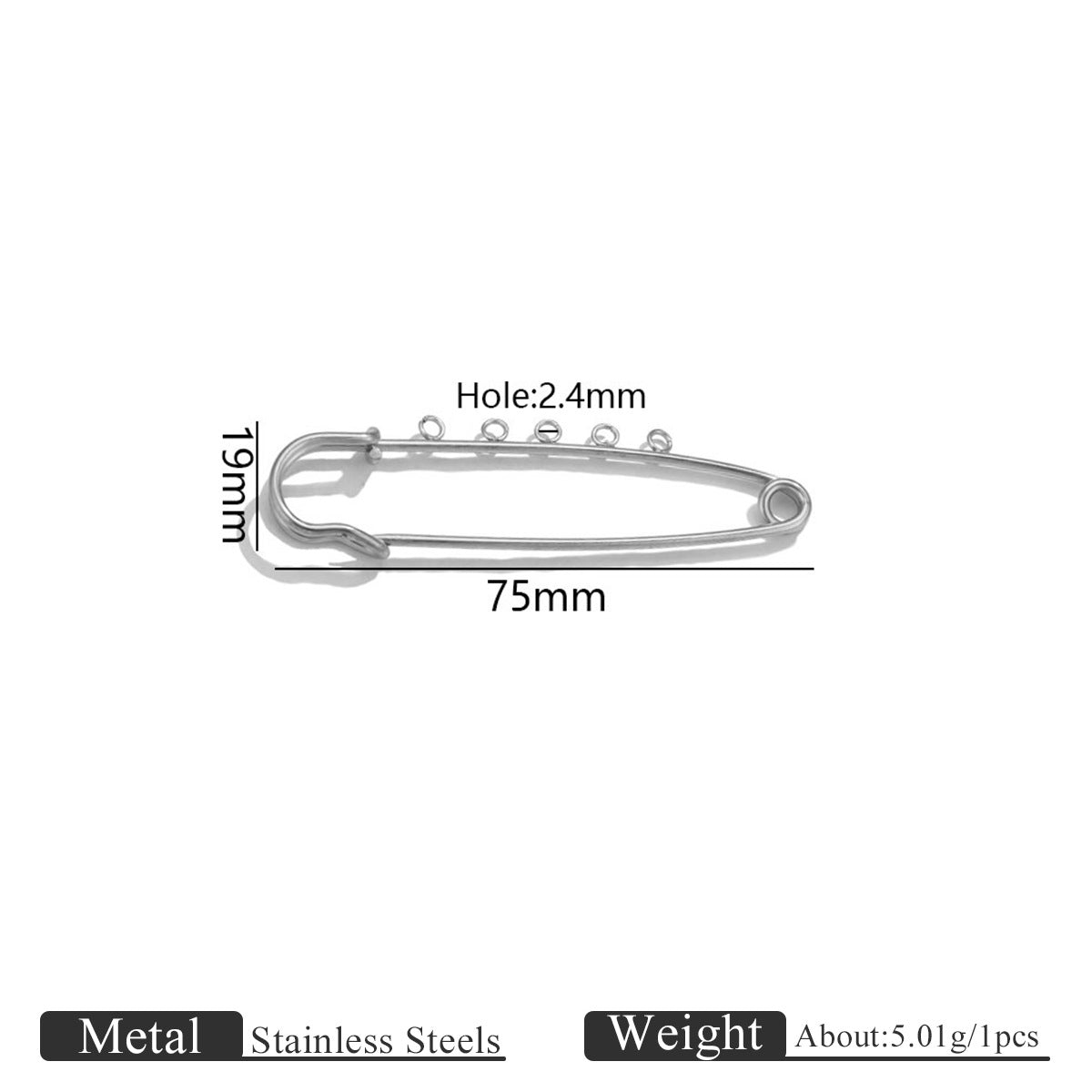 Stainless steel safety pin with 75mm length and 19mm height dimension markings on a white background