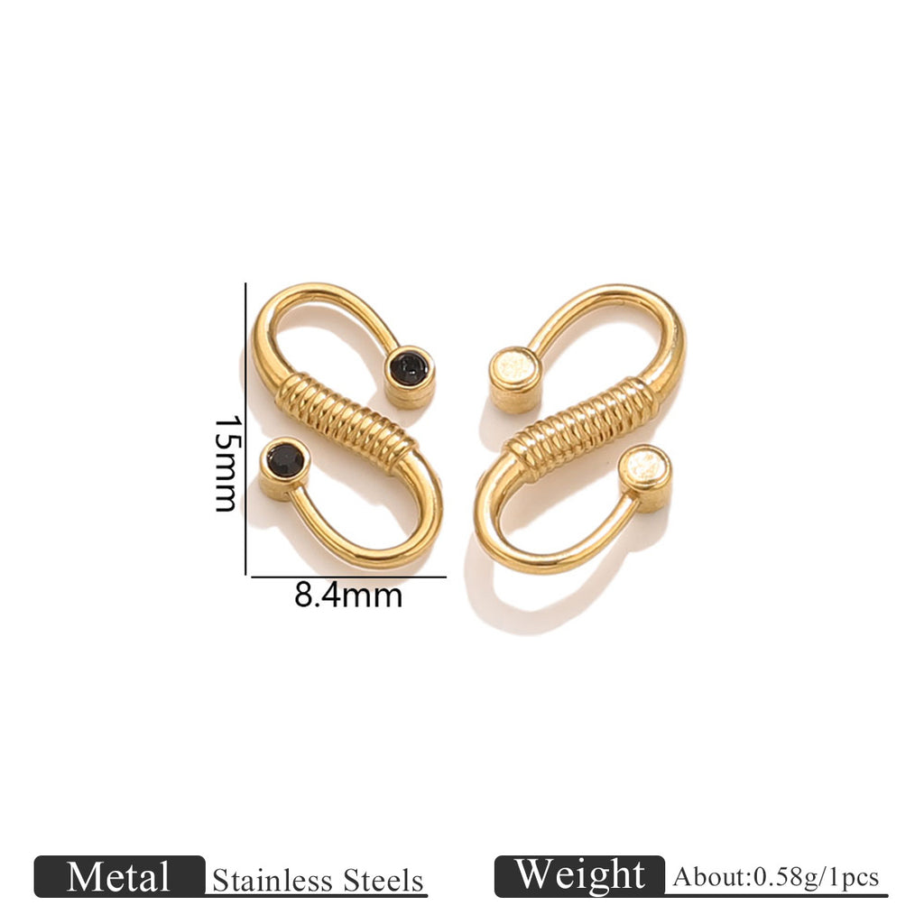 Two gold stainless steel S-hook clasps with black and white stones, 15mm by 8.4mm dimensions