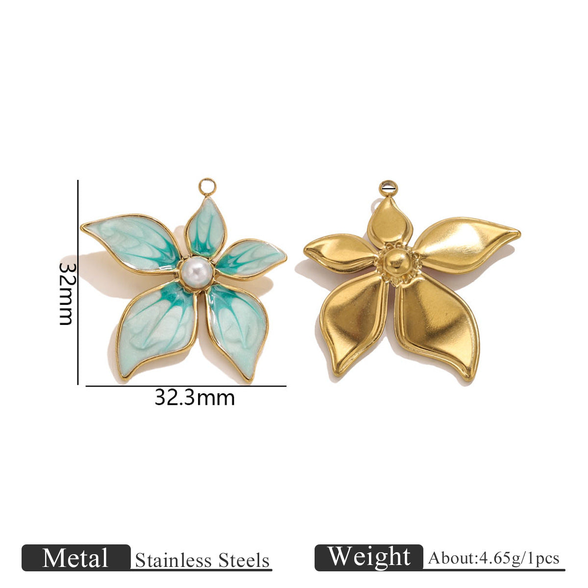 Two gold-toned flower pendant charms, one with green enamel petals and pearl center, 32mm by 32.3mm