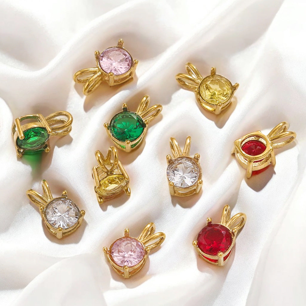 18K Gold-Plated Stainless Steel Round Birthstone Crystal Pendant Charms