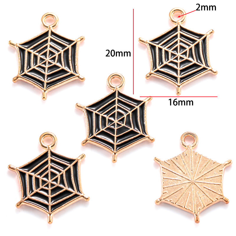 Five spiderweb charms with black enamel and gold-tone borders, 20mm by 16mm
