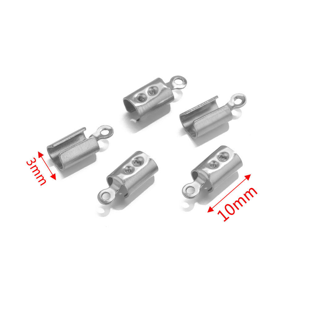 Five silver-tone barrel cord-end connectors with loop ends on white, annotated with 11mm length and 3mm width