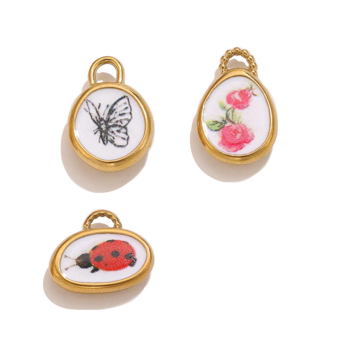 18K Gold-Plated Stainless Steel Vintage Printed Enamel Pendant Charm 3pcs