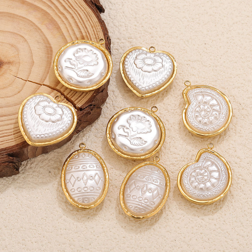 French Vintage Stainless Steel Framed Acrylic Floral Heart Pendant 5pcs