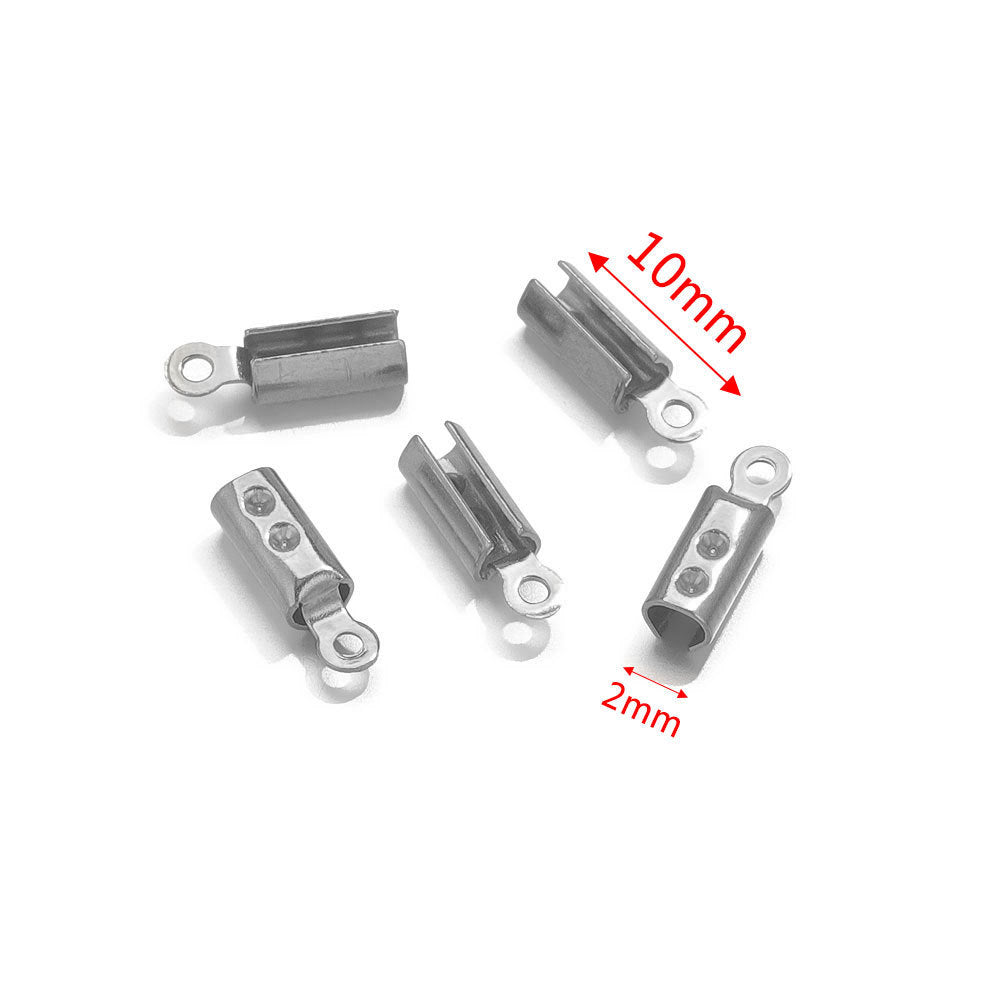 Five silver-tone barrel cord-end connectors with loop ends on white, annotated with 10mm length and 2mm width