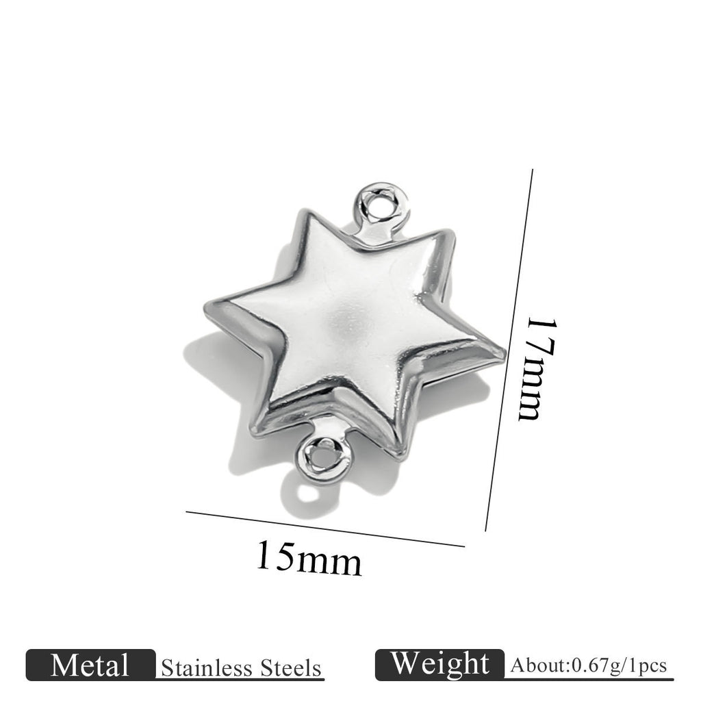 Stainless steel double-hole hollow medium pentagram connector charm with size dimensions on white background
