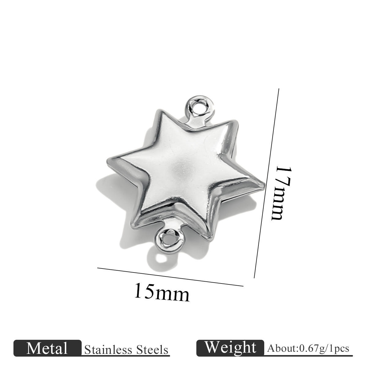 Stainless steel double-hole hollow medium pentagram connector charm with size dimensions on white background