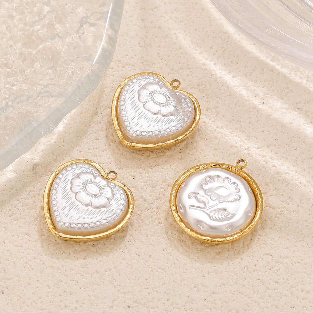French Vintage Stainless Steel Framed Acrylic Floral Heart Pendant 5pcs