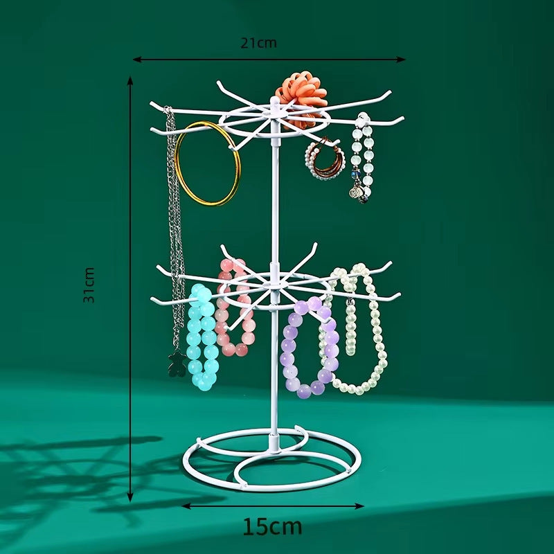 Rotating Double-Tier Metal Jewelry Display Stand – Wrought Iron Necklace & Bracelet Organizer for Desktop Storage, Craft Fairs & Boutique Displays