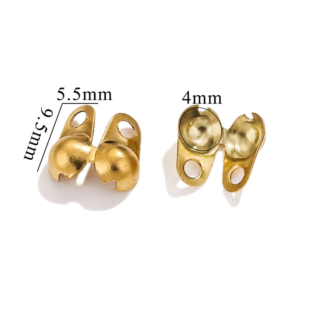 Two gold-toned ball chain connector clasps on white background with dimensions labeled 9.5mm, 5.5mm, 4mm