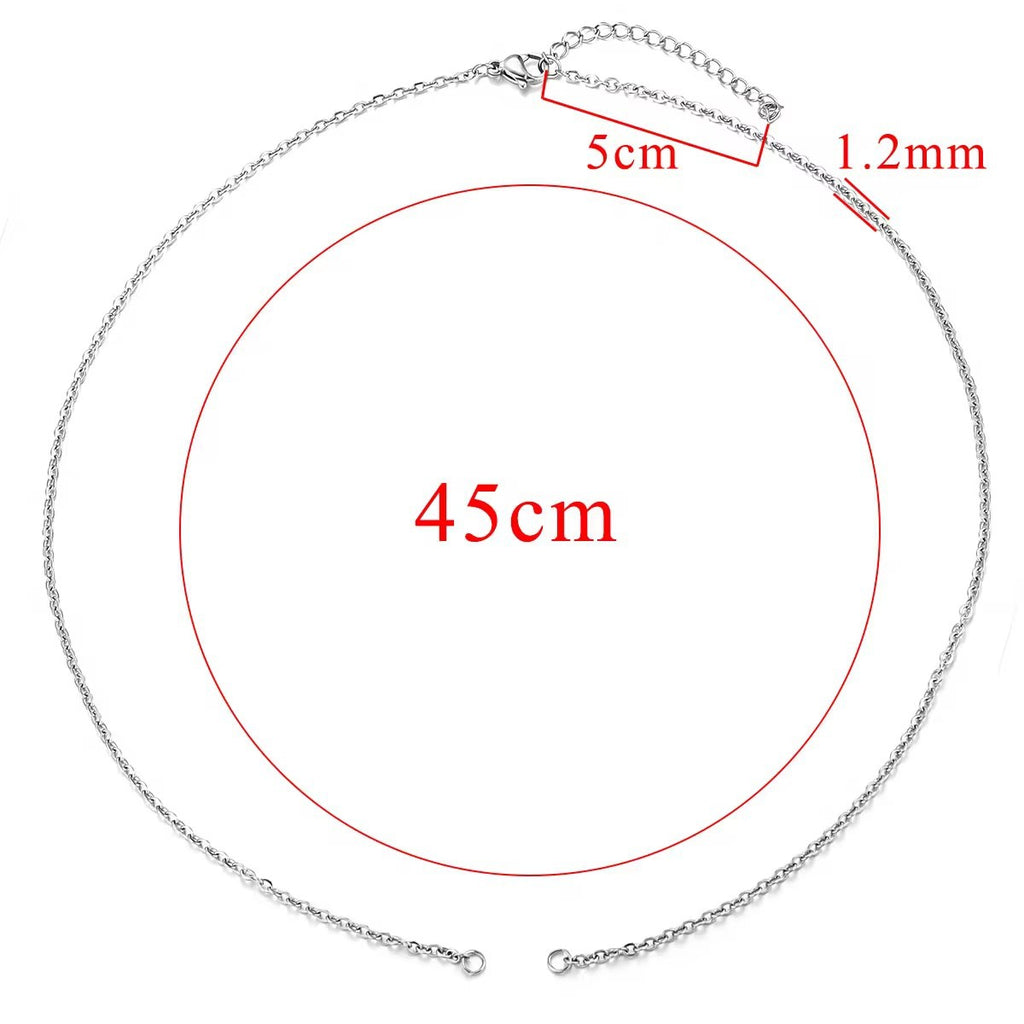 Silver chain connector link with size chart showing 45cm length, 5cm extender and 1.2mm width