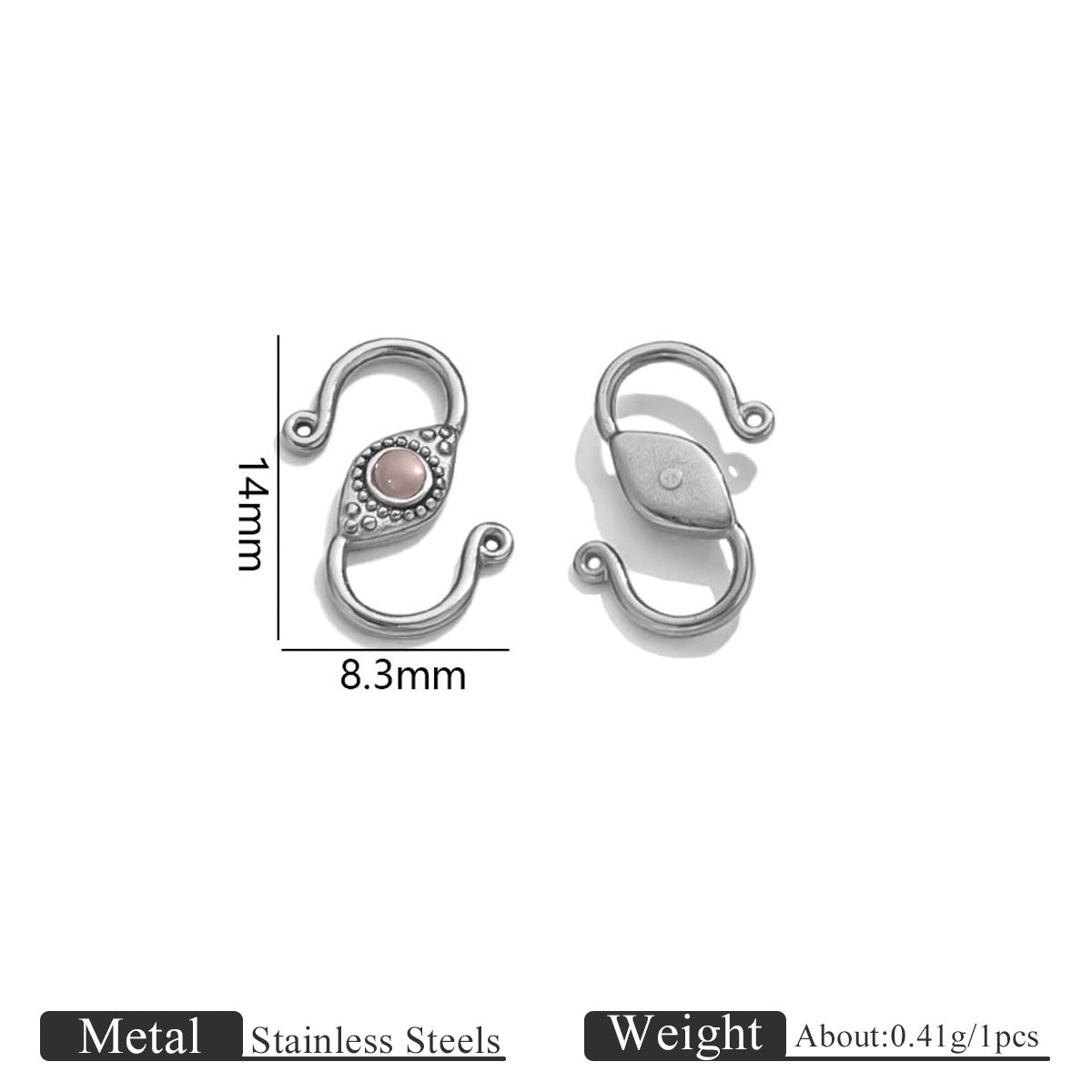 Silver stainless steel S-hook clasp with opal stone, front and back views with 14mm by 8.3mm dimensions