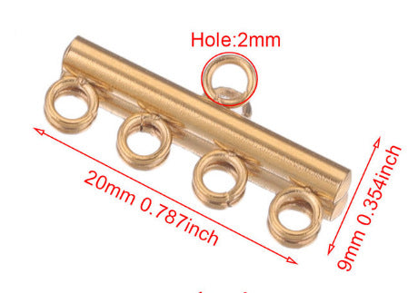 Gold multi-loop connector bar with five loops, technical diagram showing 20mm, 9mm, 2mm hole