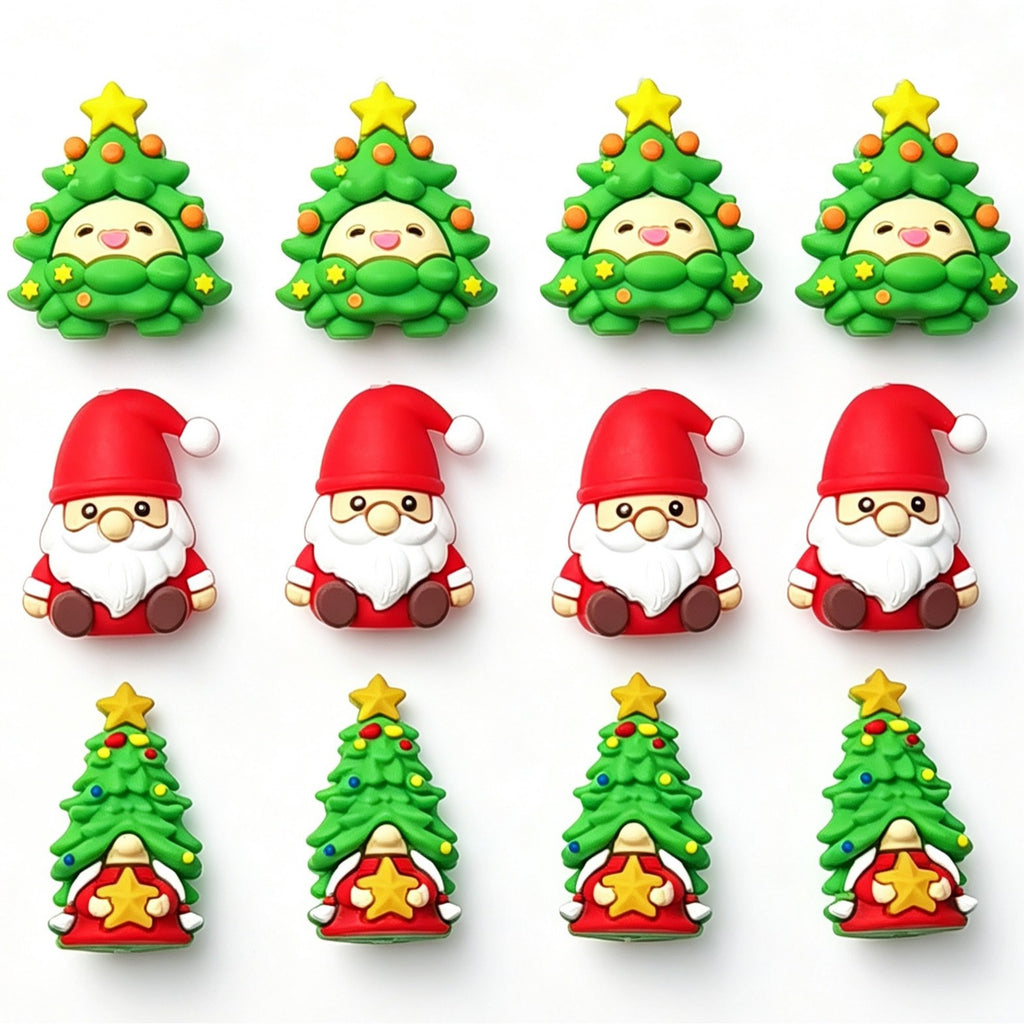 Twelve Christmas silicone focal beads: green tree gnomes, red-hatted gnomes and Christmas tree gnomes in a grid