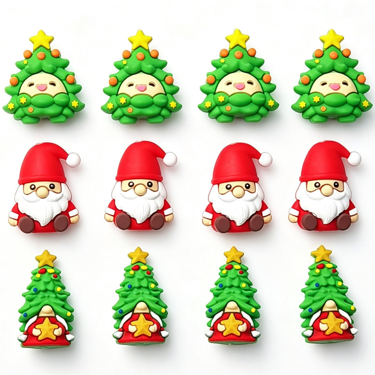 Twelve Christmas silicone focal beads: green tree gnomes, red-hatted gnomes and Christmas tree gnomes in a grid