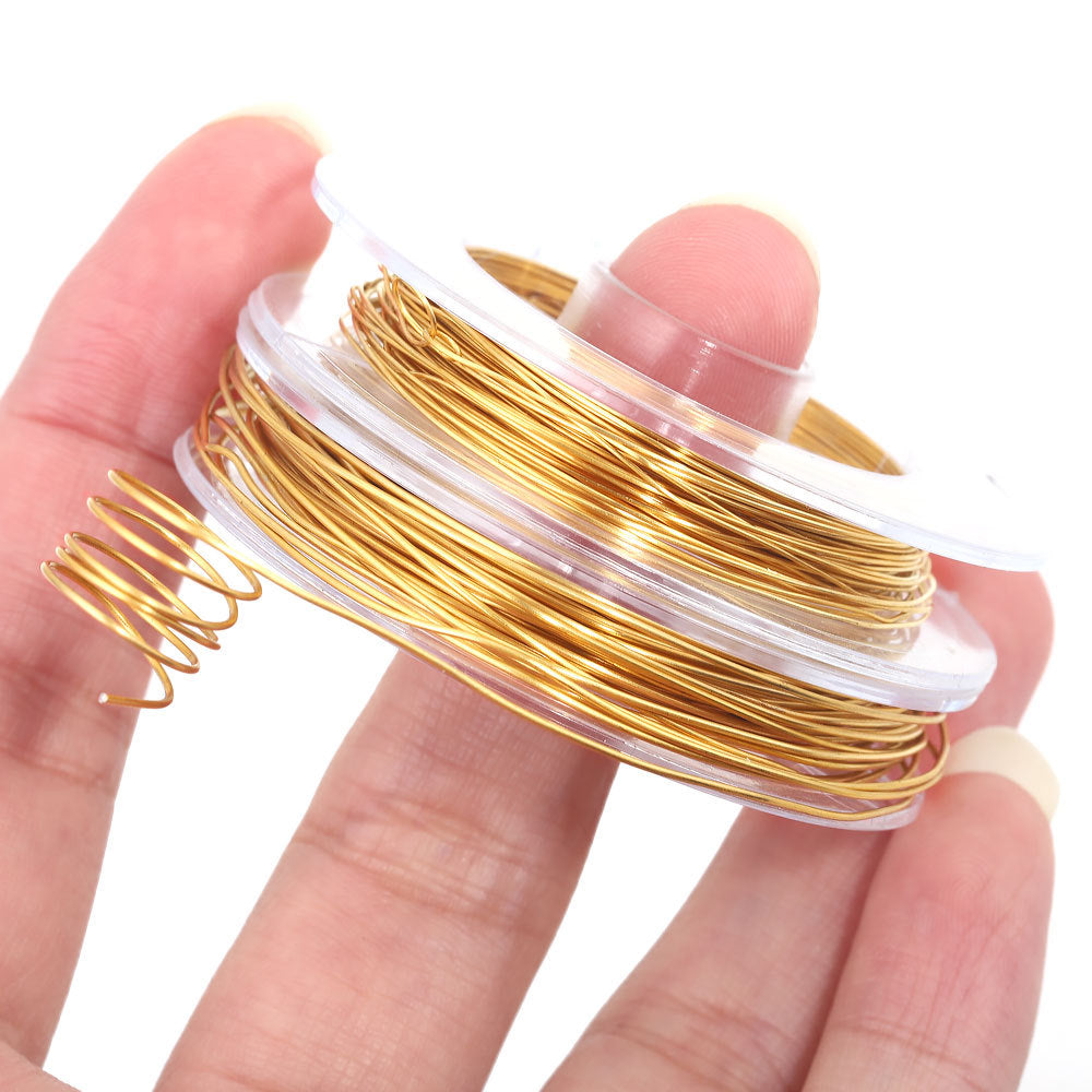 Gold wire spool held by a hand on a white background