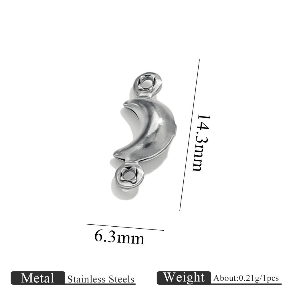 Stainless steel double-hole hollow crescent moon connector charm with size dimensions on white background