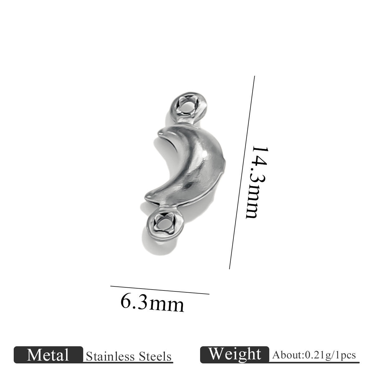Stainless steel double-hole hollow crescent moon connector charm with size dimensions on white background