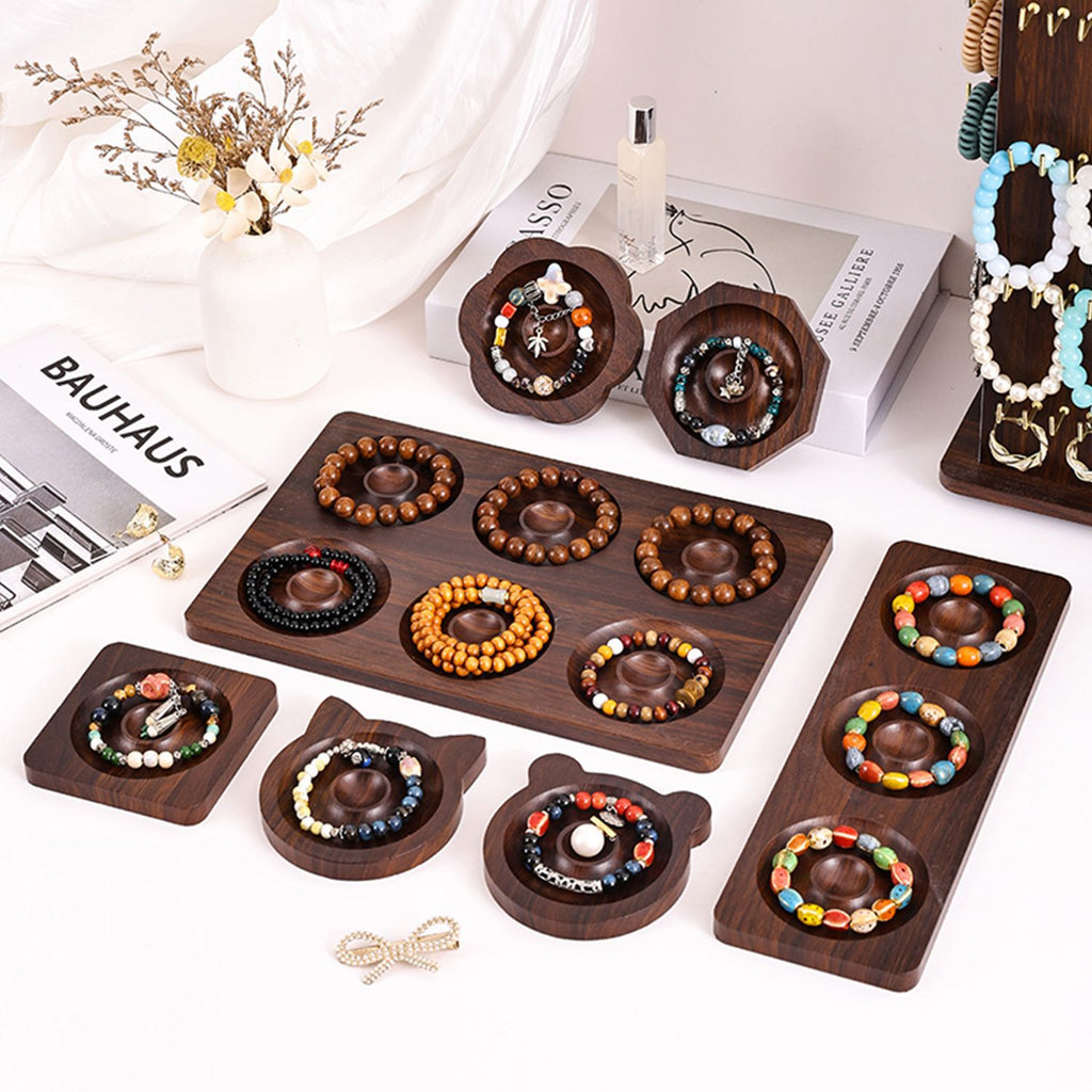 Walnut-Pattern Wooden Bead & Bracelet Display Tray – Vintage Jewelry Display Plate for Gemstone Bracelets, Craft Fairs & Market Stalls