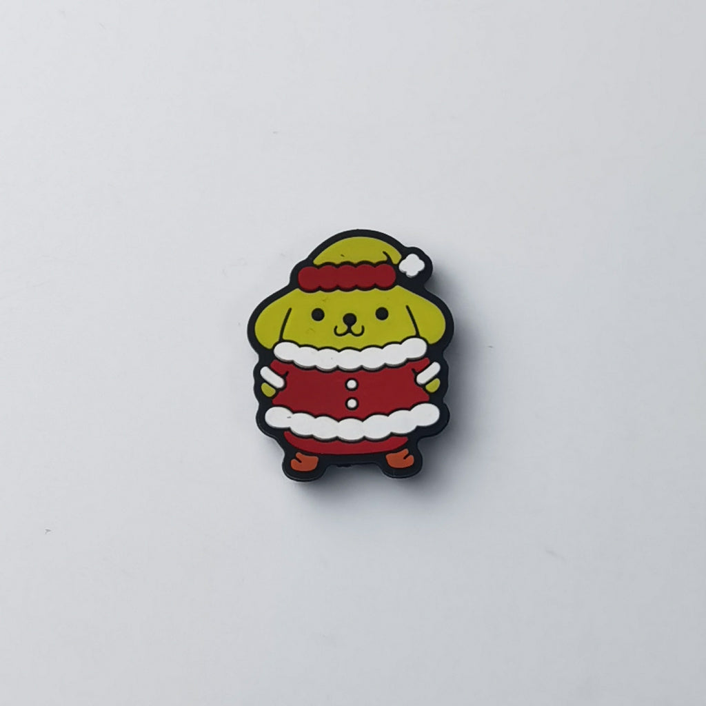 Yellow Pompompurin dog silicone focal bead in red Santa-style outfit with white trim and red beret