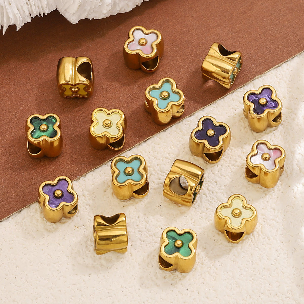 18K Gold-Plated Stainless Steel Four-Leaf Clover Large-Hole Spacer Beads 5pcs
